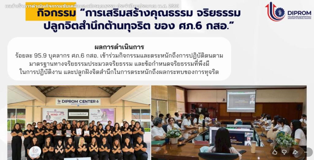 ดีพร้อม เซ็นเตอร์ 6 เผยแพร่ผลสำเร็จการดำเนินกิจกรรมตามแผนปฏิบัติการด้านส่งเสริมคุณธรรม จริยธรรม ประจำปีงบประมาณ พ.ศ. 2569